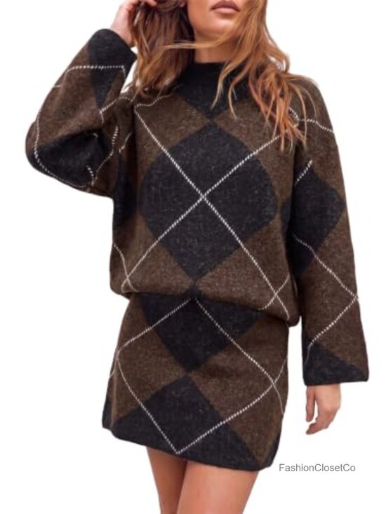 Sweaters - Argyle Sweater Skirt Set 2 Piece Plaid Knit Turtleneck Mini Skirt Outfit